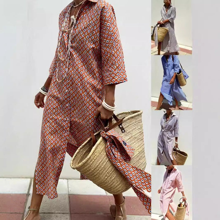 Wanette | Striped Two-side Slit Shirt Dress